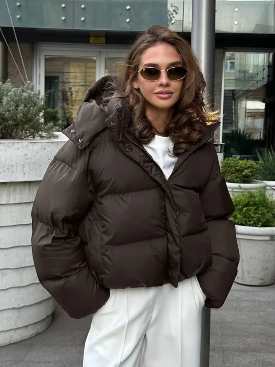 Women's Cropped Oversized Puffer Jacket with Detachable Hood and Zip Front