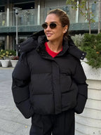 Women's Cropped Oversized Puffer Jacket with Detachable Hood and Zip Front