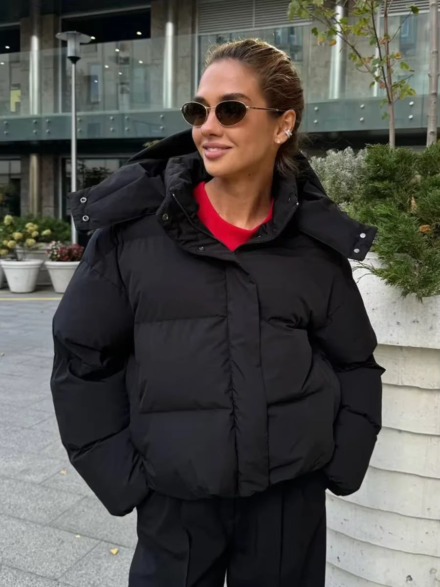 Women's Cropped Oversized Puffer Jacket with Detachable Hood and Zip Front