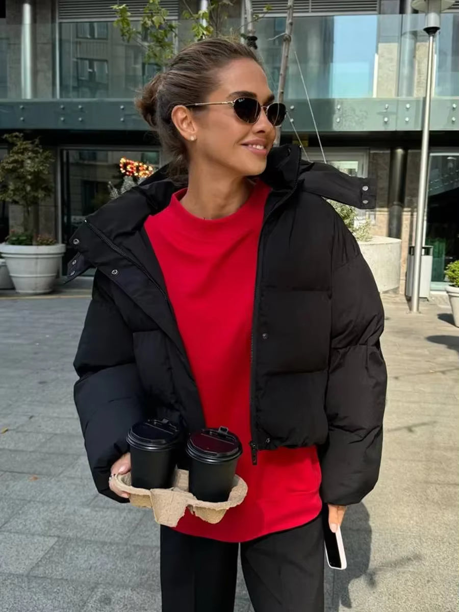 Women's Cropped Oversized Puffer Jacket with Detachable Hood and Zip Front