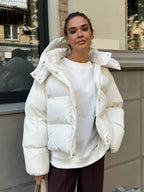 Women's Cropped Oversized Puffer Jacket with Detachable Hood and Zip Front