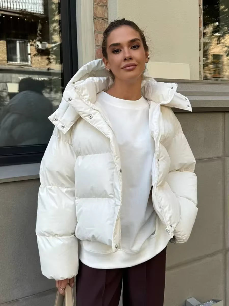 Women's Cropped Oversized Puffer Jacket with Detachable Hood and Zip Front