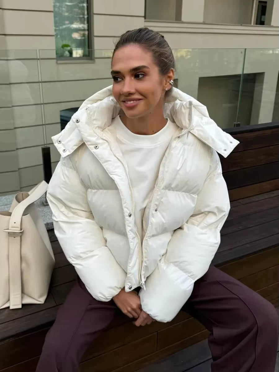 Women's Cropped Oversized Puffer Jacket with Detachable Hood and Zip Front