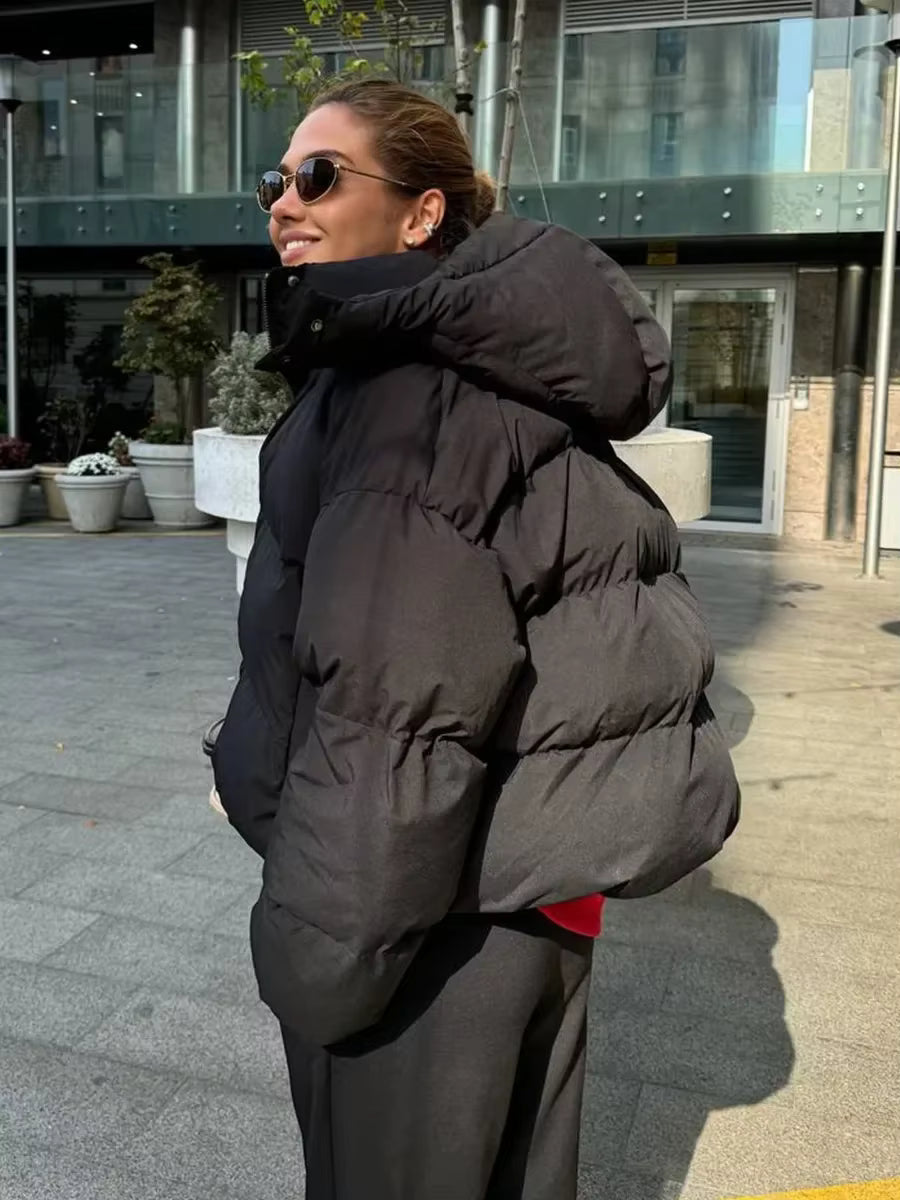 Women's Cropped Oversized Puffer Jacket with Detachable Hood and Zip Front