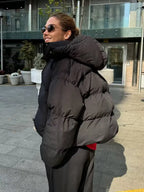 Women's Cropped Oversized Puffer Jacket with Detachable Hood and Zip Front