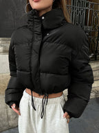 Women's Cropped Quilted Puffer Jacket with Stand Collar and Press Stud Placket in Black – Front View