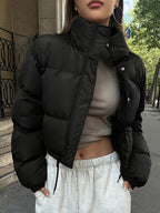 Women's Cropped Quilted Puffer Jacket with Stand Collar and Press Stud Placket in Black – Front View
