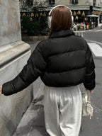 Women's Cropped Quilted Puffer Jacket with Stand Collar and Press Stud Placket in Black – Back View