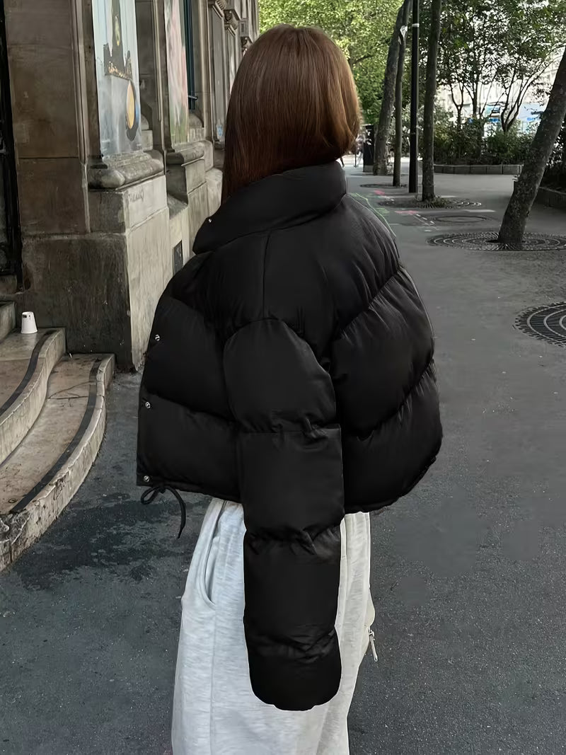 Women's Cropped Quilted Puffer Jacket with Stand Collar and Press Stud Placket in Black – Back View