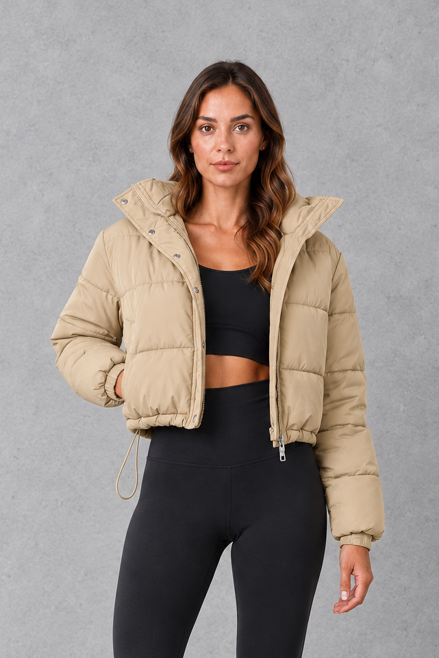 Women's Cropped Padded Puffer Jacket with Drawstring Waist