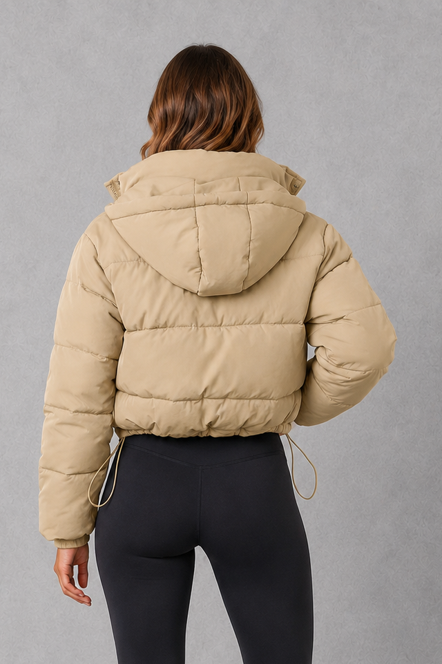 Women's Cropped Padded Puffer Jacket with Drawstring Waist