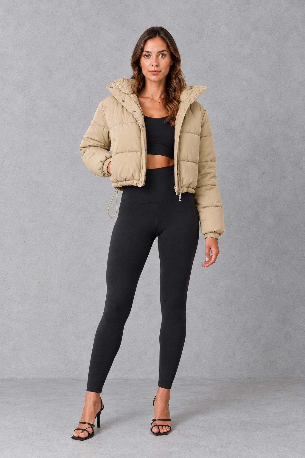 Women's Cropped Padded Puffer Jacket with Drawstring Waist