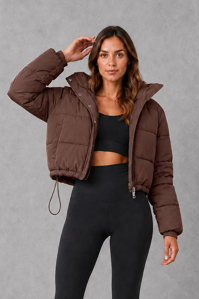 Women's Cropped Padded Puffer Jacket with Drawstring Waist