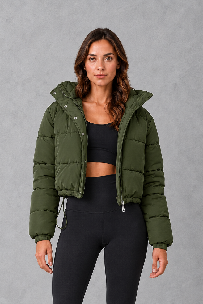 Women's Cropped Padded Puffer Jacket with Drawstring Waist