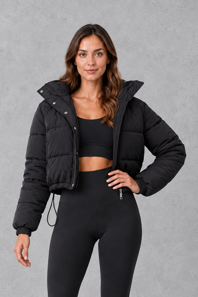 Women's Cropped Padded Puffer Jacket with Drawstring Waist