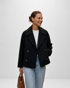 Women's Cropped Pea Coat with Double Breasted Front and Notch Lapels in Black – front