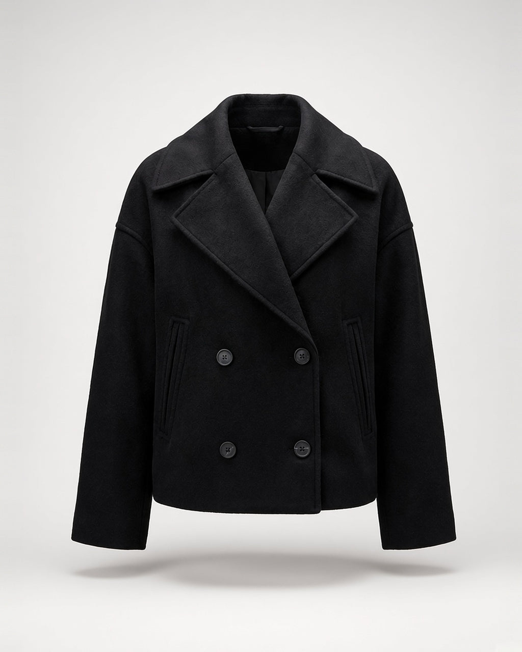 Women's Cropped Pea Coat with Double Breasted Front and Notch Lapels in Black – flat lay