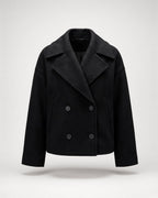 Women's Cropped Pea Coat with Double Breasted Front and Notch Lapels in Black – flat lay