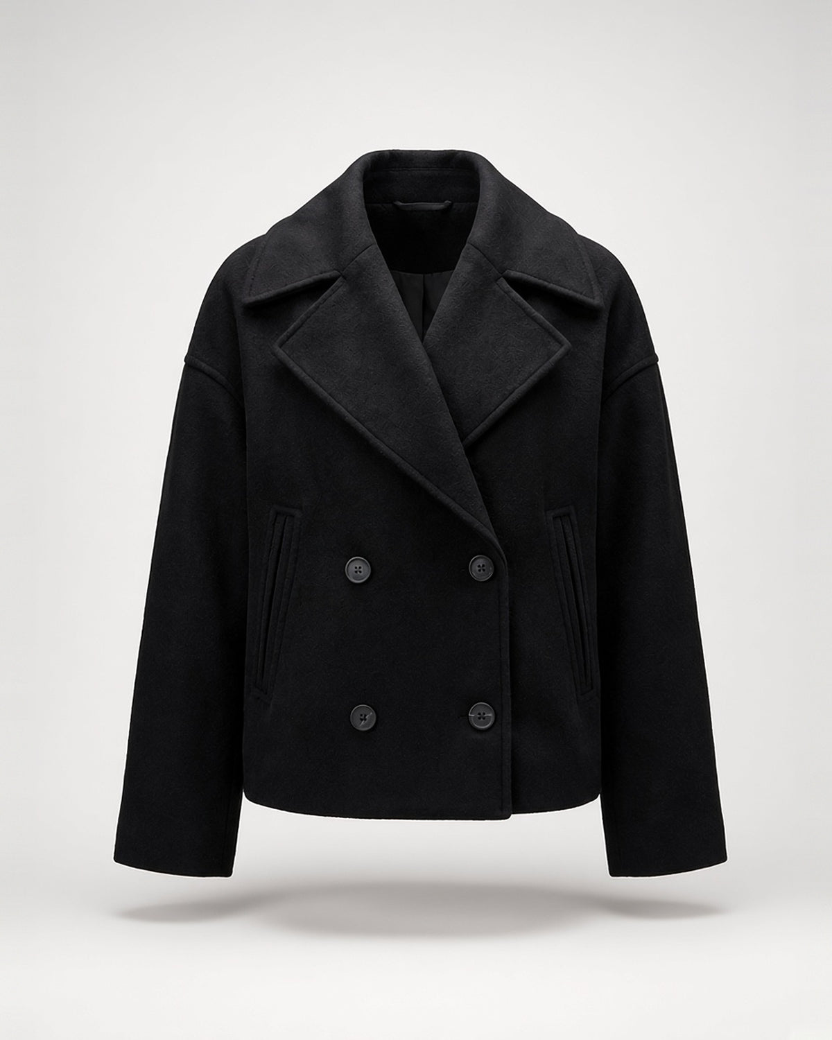 Women's Cropped Pea Coat with Double Breasted Front and Notch Lapels in Black – flat lay