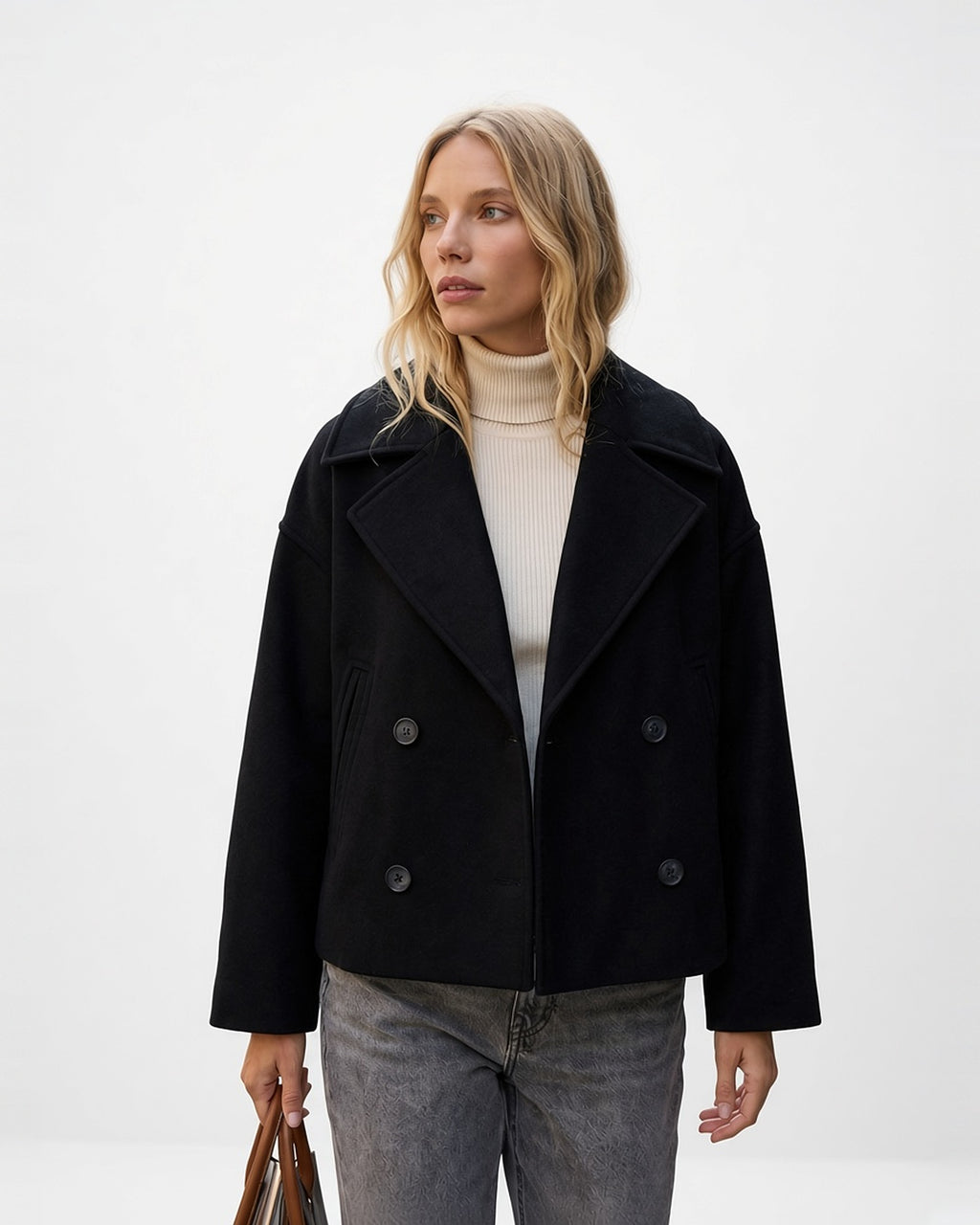Women's Cropped Pea Coat with Double Breasted Front and Notch Lapels in Black – front – alternative model