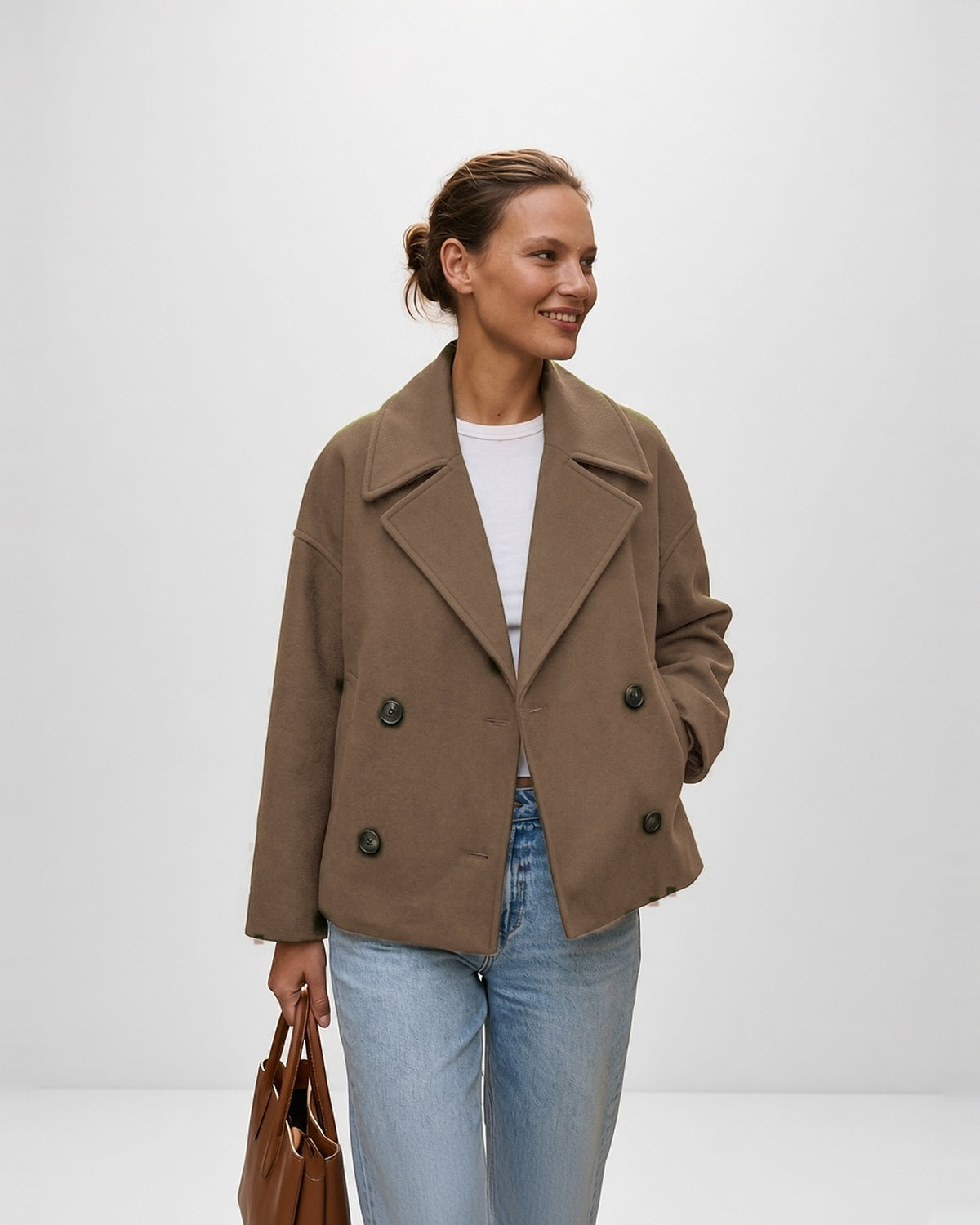 Women's Cropped Pea Coat with Double Breasted Front and Notch Lapels in Brown – front