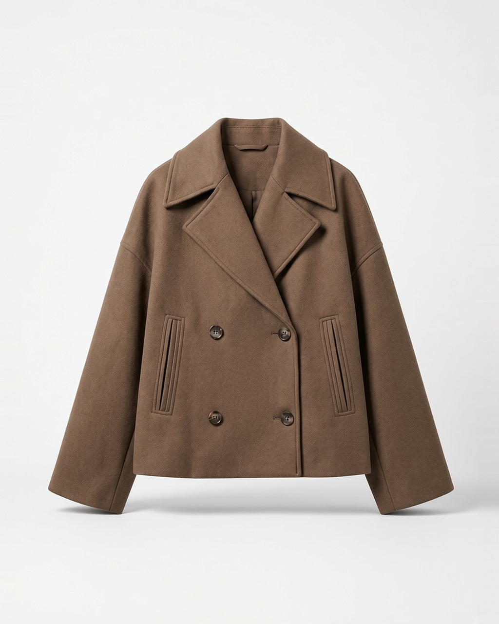 Women's Cropped Pea Coat with Double Breasted Front and Notch Lapels in Brown – flat lay