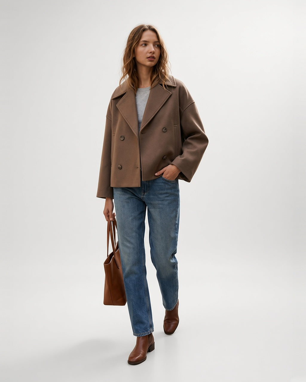 Women's Cropped Pea Coat with Double Breasted Front and Notch Lapels in Brown – full length front – alternative model