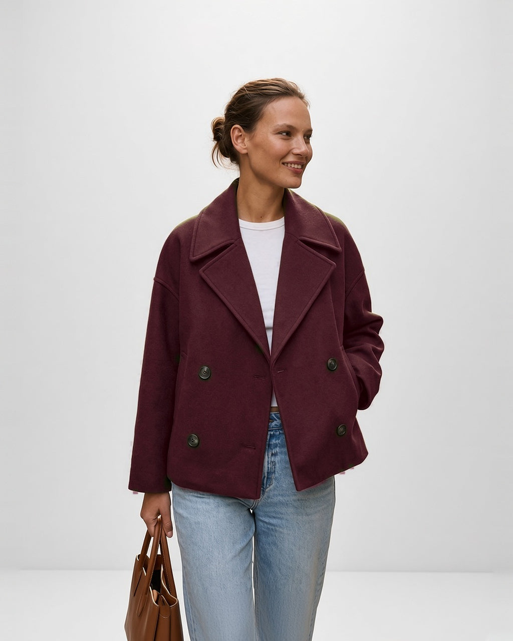 Women's Cropped Pea Coat with Double Breasted Front and Notch Lapels in Burgundy – front