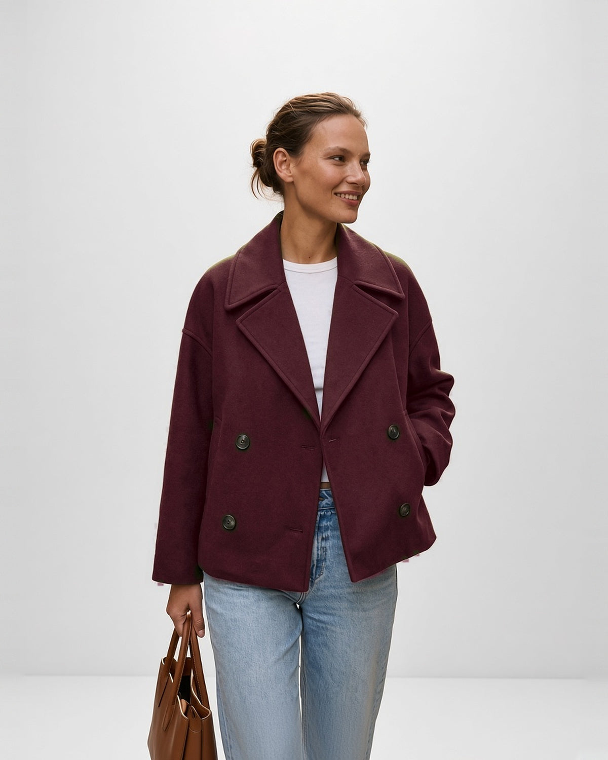 Women's Cropped Pea Coat with Double Breasted Front and Notch Lapels in Burgundy – front