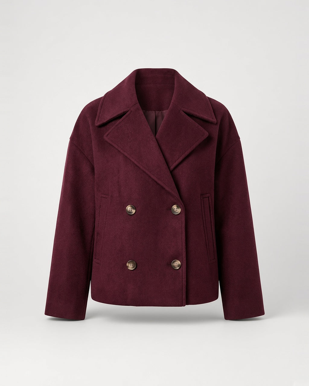 Women's Cropped Pea Coat with Double Breasted Front and Notch Lapels in Burgundy – flat lay