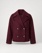 Women's Cropped Pea Coat with Double Breasted Front and Notch Lapels in Burgundy – flat lay