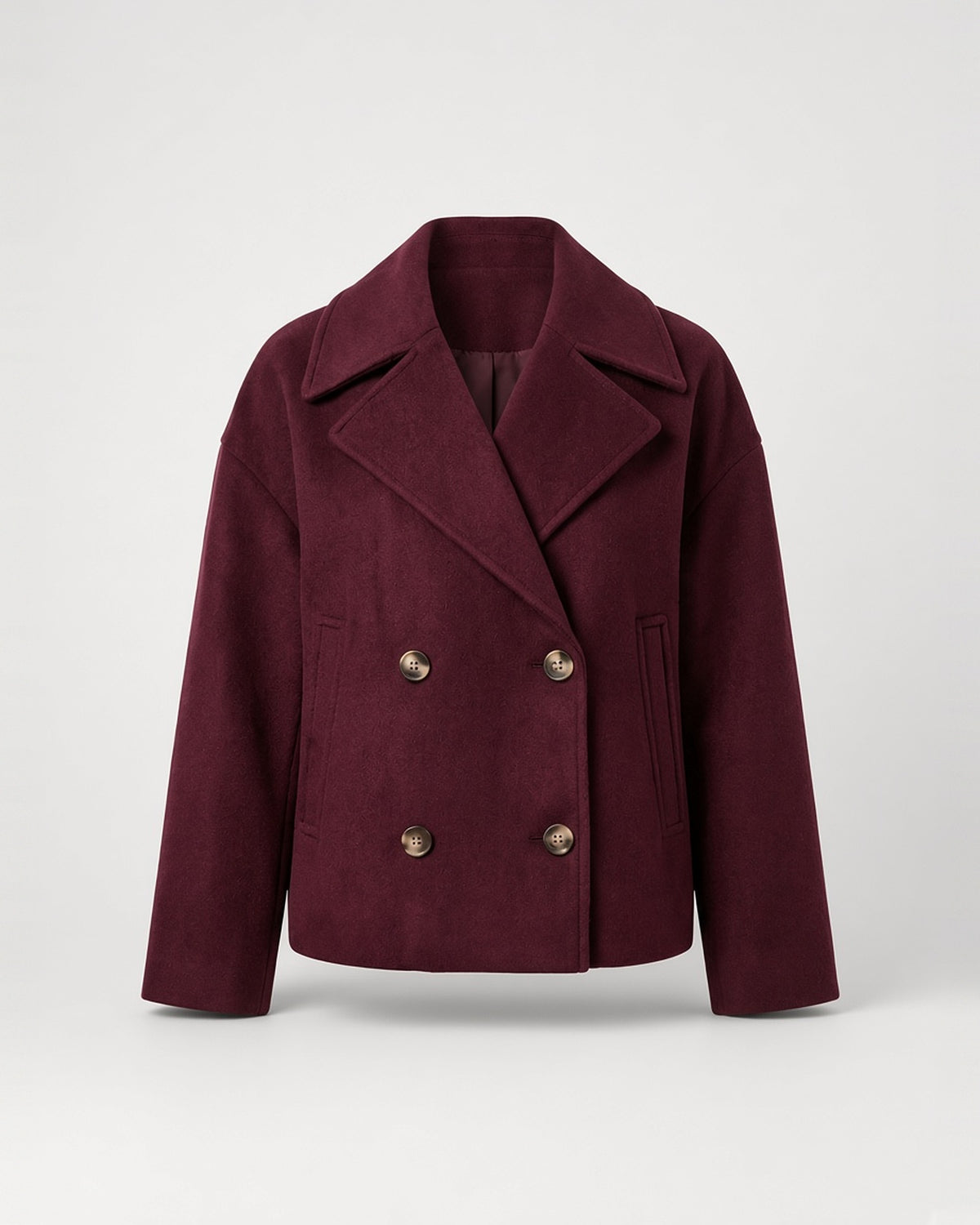 Women's Cropped Pea Coat with Double Breasted Front and Notch Lapels in Burgundy – flat lay