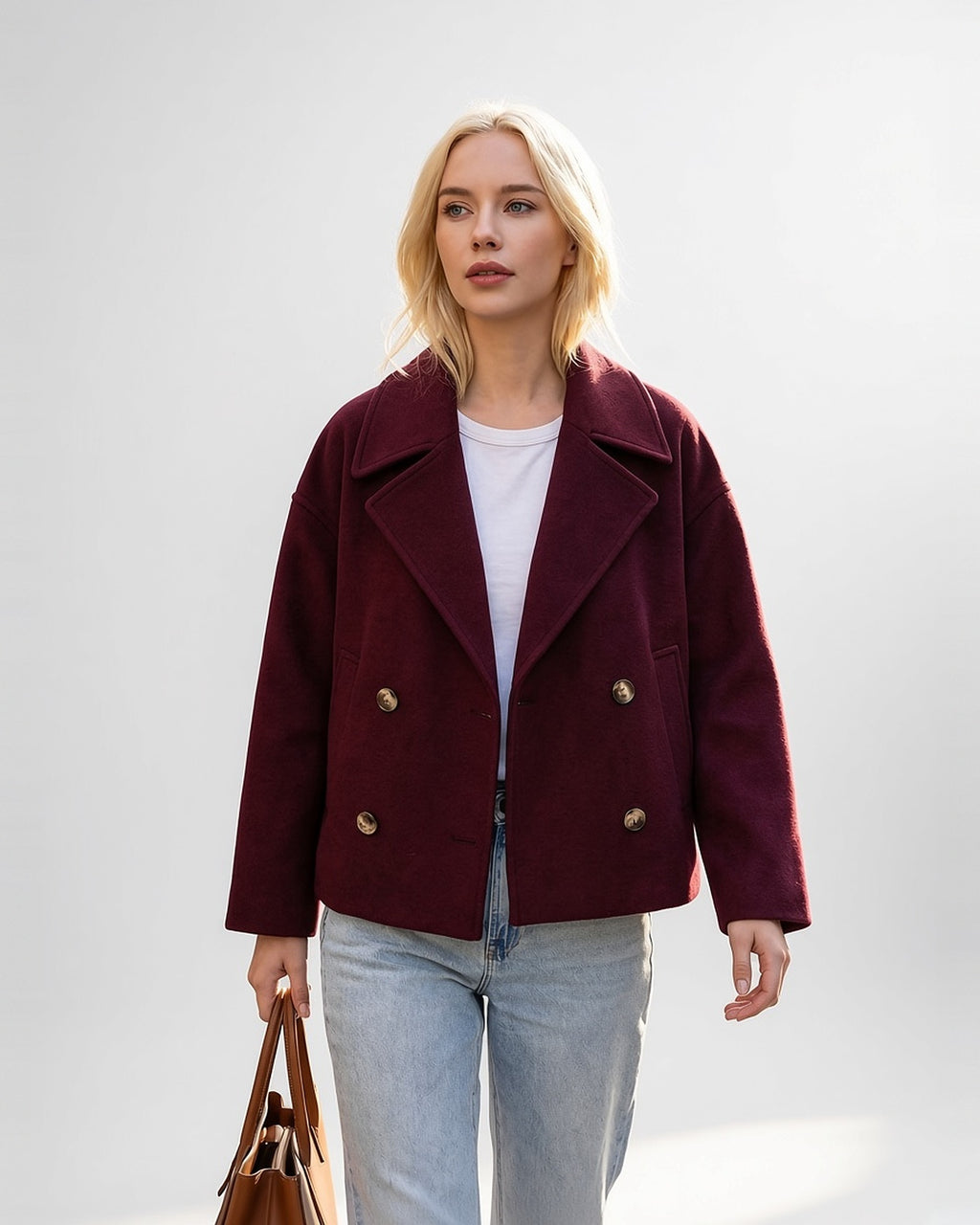 Women's Cropped Pea Coat with Double Breasted Front and Notch Lapels in Burgundy – front – alternative model