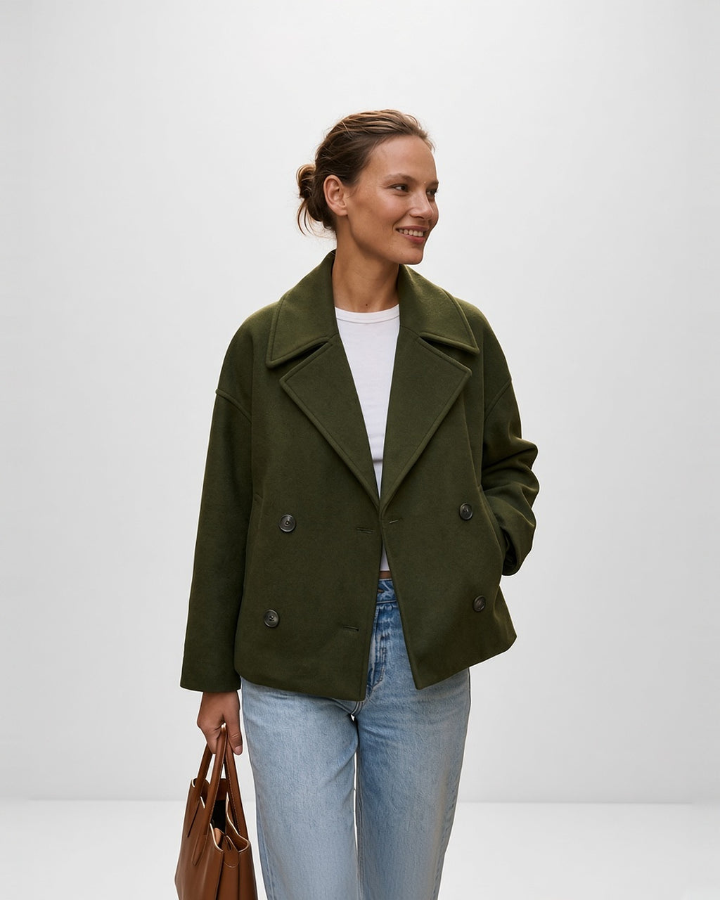 Women's Cropped Pea Coat with Double Breasted Front and Notch Lapels in Green – front