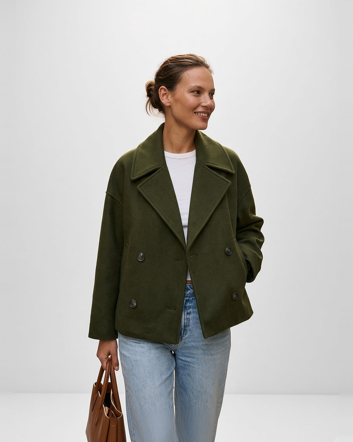 Women's Cropped Pea Coat with Double Breasted Front and Notch Lapels in Green – front