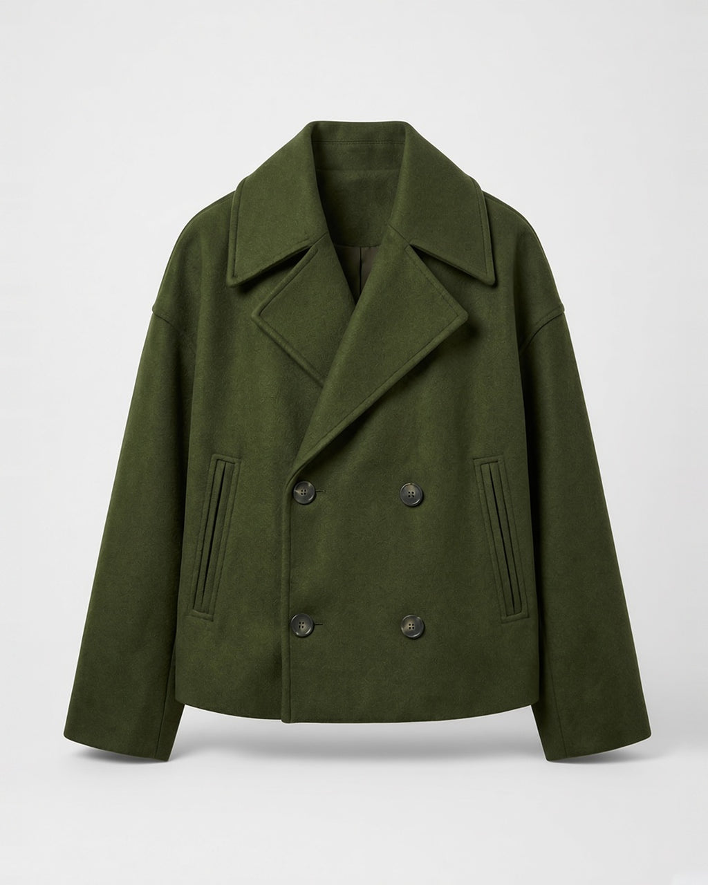 Women's Cropped Pea Coat with Double Breasted Front and Notch Lapels in Green – flat lay