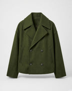 Women's Cropped Pea Coat with Double Breasted Front and Notch Lapels in Green – flat lay