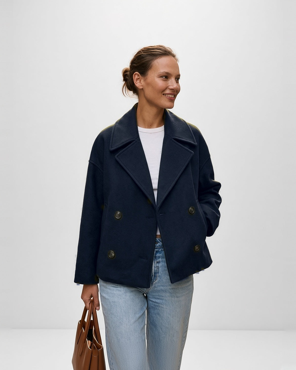 Women's Cropped Pea Coat with Double Breasted Front and Notch Lapels in Navy – front