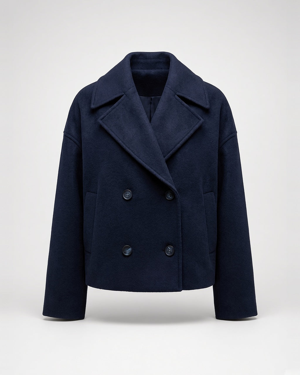 Women's Cropped Pea Coat with Double Breasted Front and Notch Lapels in Navy – flat lay