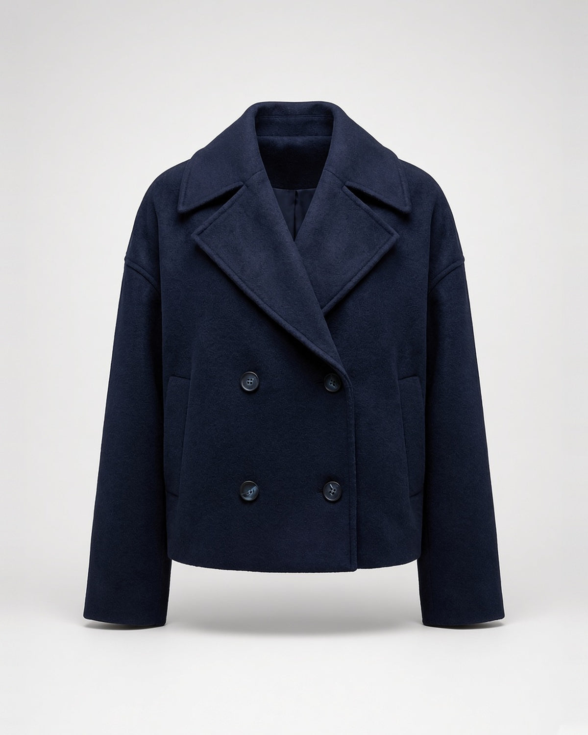 Women's Cropped Pea Coat with Double Breasted Front and Notch Lapels in Navy – flat lay