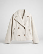 Women's Cropped Pea Coat with Double Breasted Front and Notch Lapels in White – flat lay front