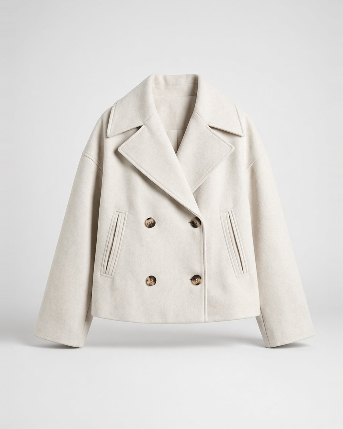 Women's Cropped Pea Coat with Double Breasted Front and Notch Lapels in White – flat lay front