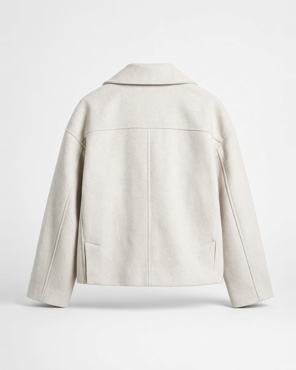 Women's Cropped Pea Coat with Double Breasted Front and Notch Lapels in White – flat lay back