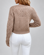Women's Cropped Pointelle Knit Cardigan with Gold Coloured Buttons