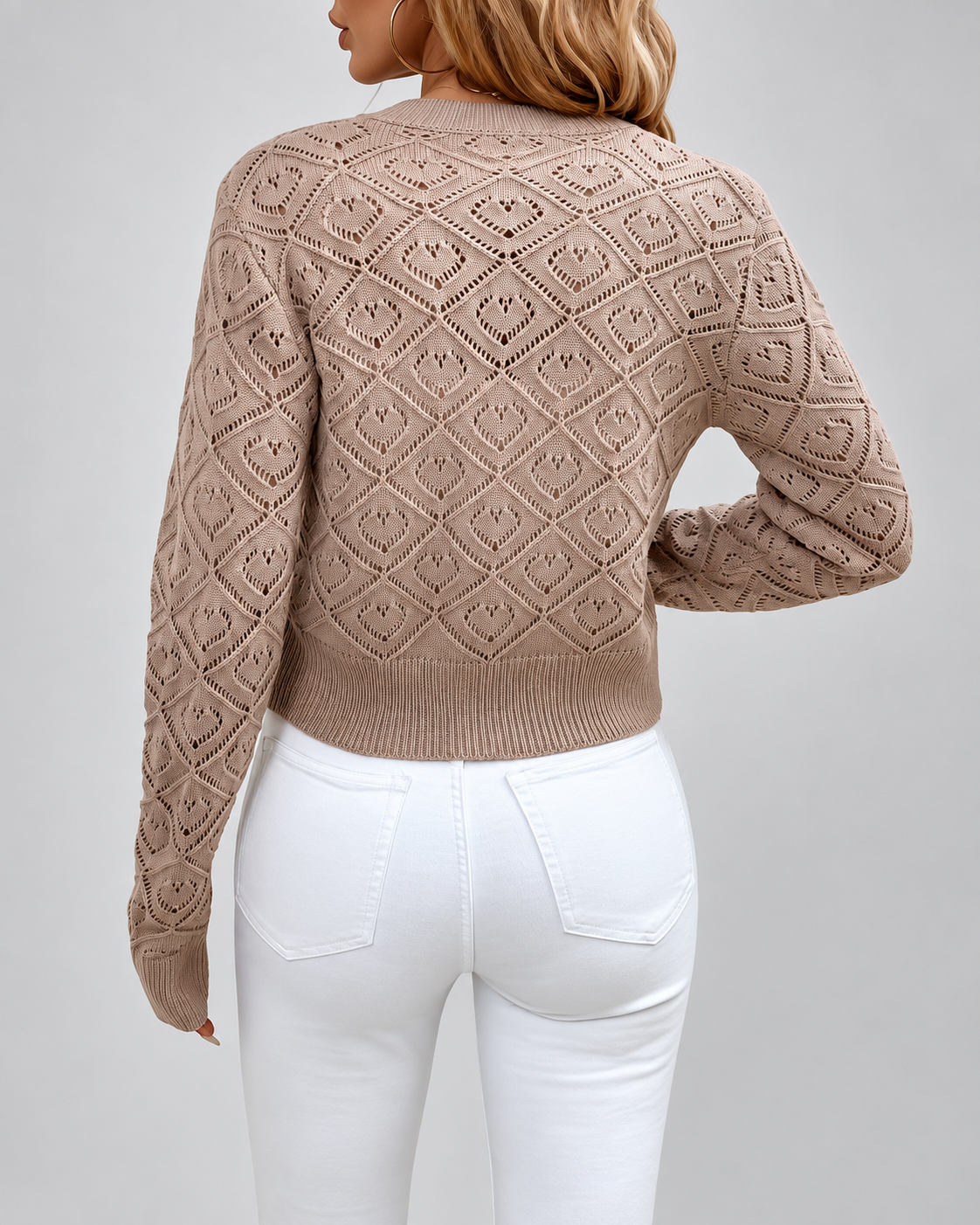 Women's Cropped Pointelle Knit Cardigan with Gold Coloured Buttons