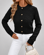 Women's Cropped Pointelle Knit Cardigan with Gold Coloured Buttons