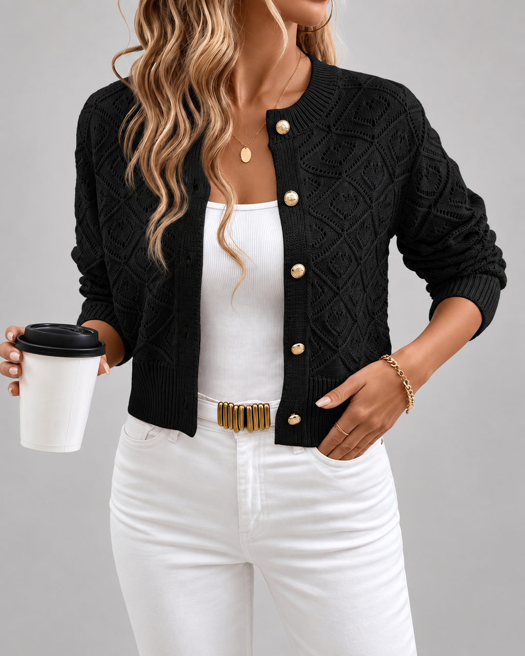 Women's Cropped Pointelle Knit Cardigan with Gold Coloured Buttons