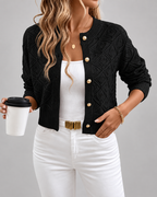 Women's Cropped Pointelle Knit Cardigan with Gold Coloured Buttons