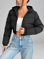 Women's Cropped Puffer Jacket with Hood and Zip Front