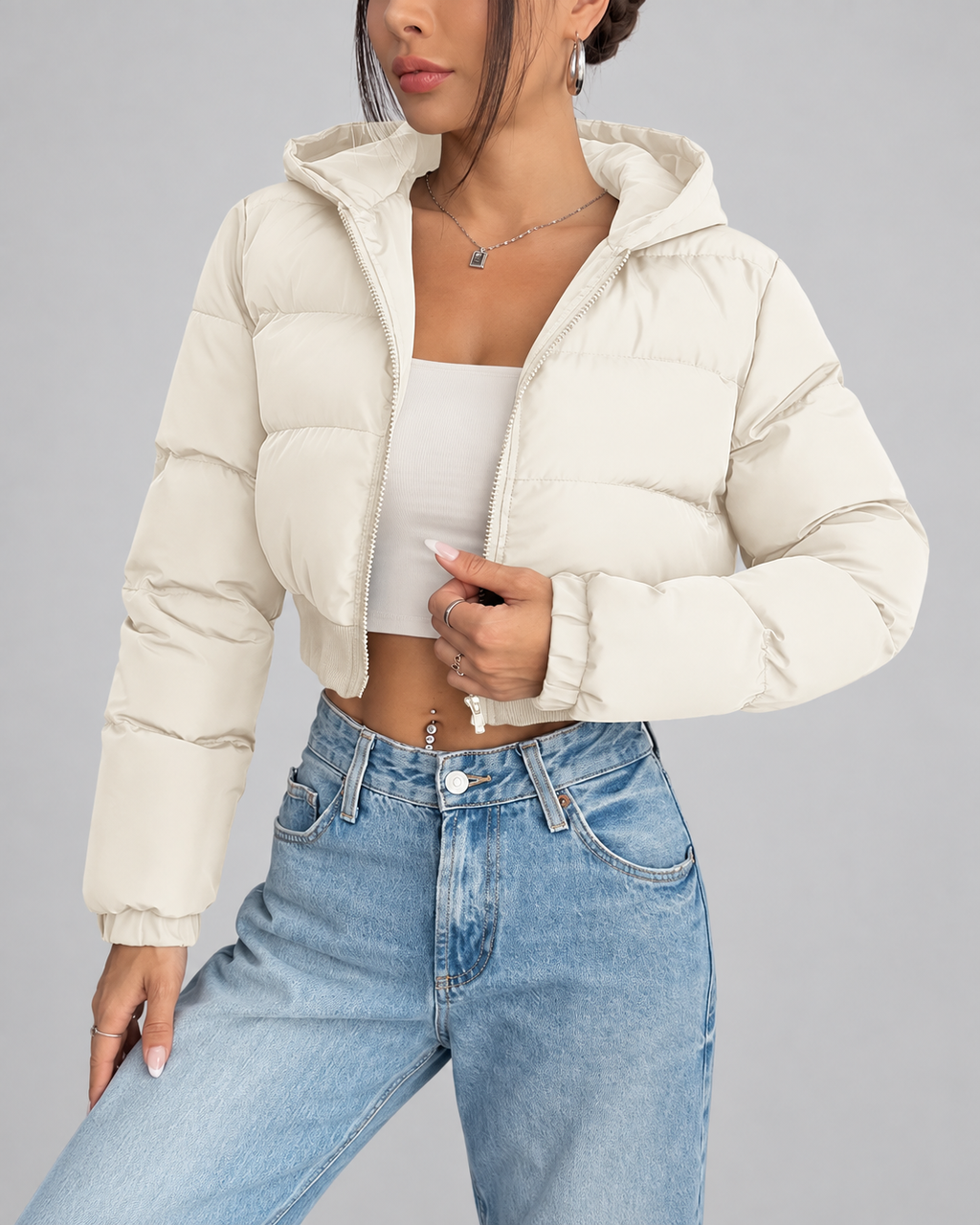 Women's Cropped Puffer Jacket with Hood and Zip Front